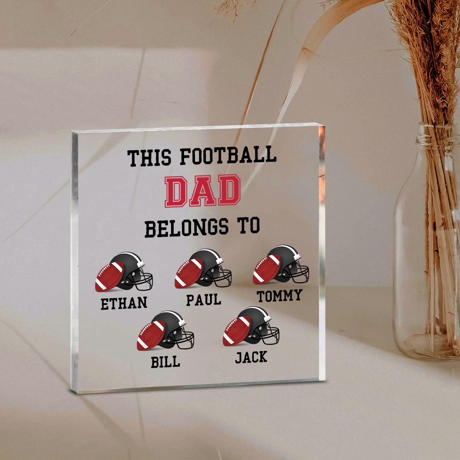 5 Names -Personalised Football Acrylic Keepsake Customized Name Acrylic Plaque Ornament Father's Day Gift for Dad