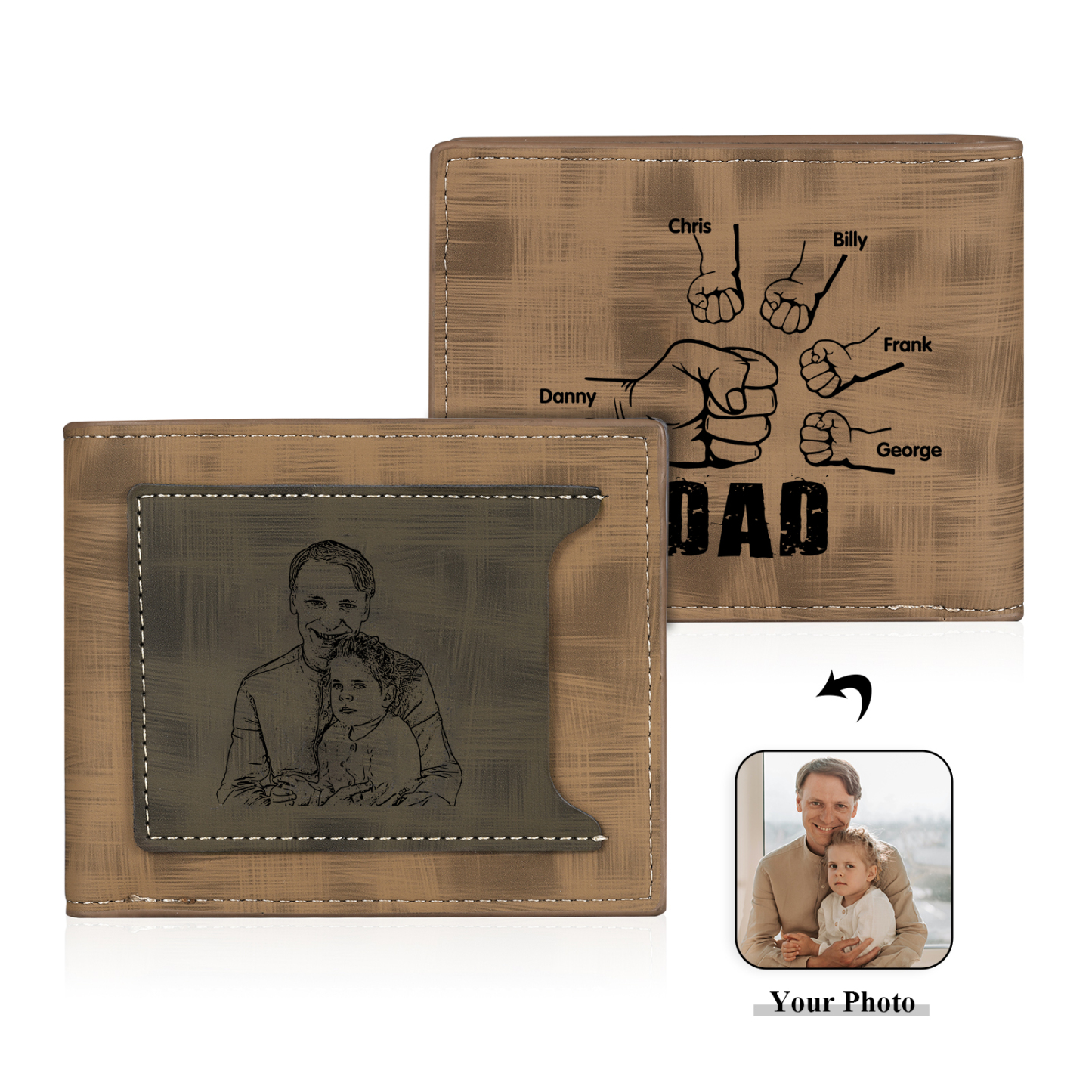 5 Names - Personalised Photo Custom Leather Men's Wallet as a Father's Day Gift for Dad
