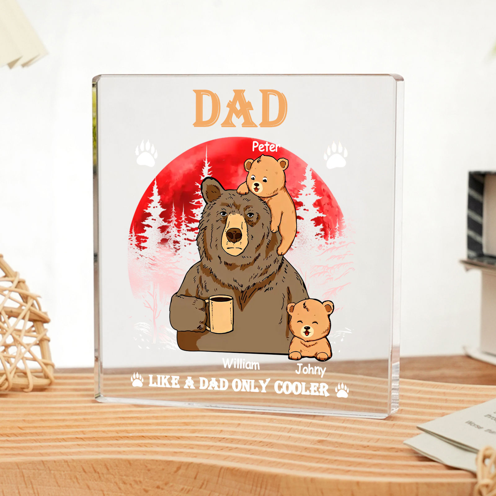 3 Names - Personalised Bear Family Pattern Custom Name Acrylic Square Ornament Father's Day Gift