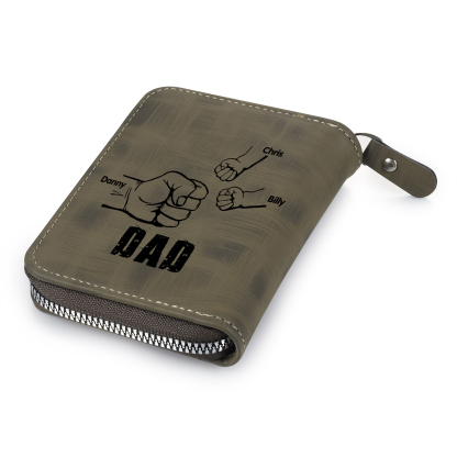 3 Names - Personalised Fist Bump Fist Bump Photo Custom Leather Men's Zipper Wallet as a Father's Day Gift for Dad