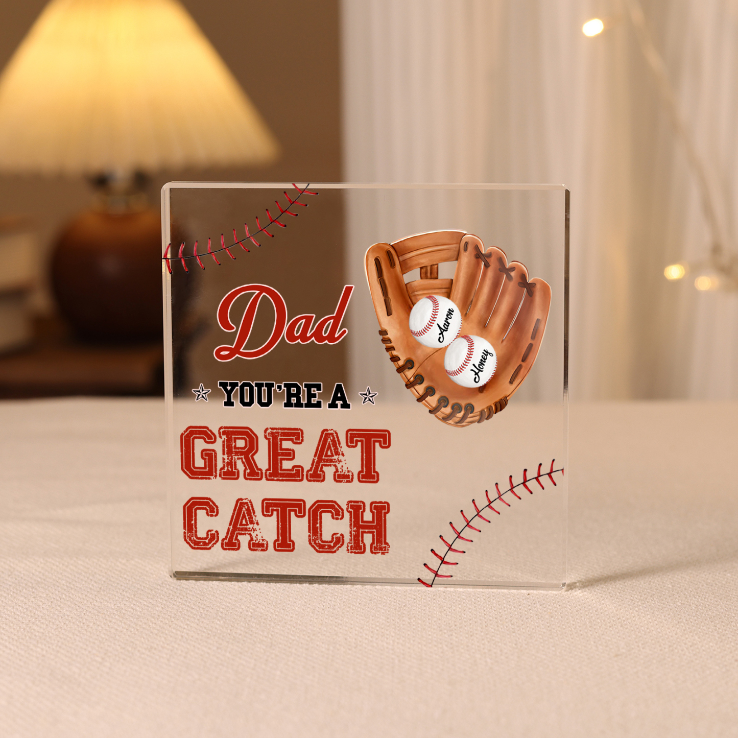 2 Names - Personalised Baseball Acrylic Keepsake Customized Name and Text Acrylic Plaque Ornament Father's Day Gift for Dad