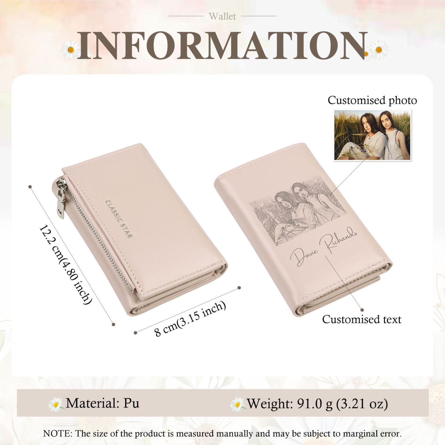 Custom Purse-Personalised Photo Quality Leather Folding Zip Wallet Custom Text Wallet Gift for Her