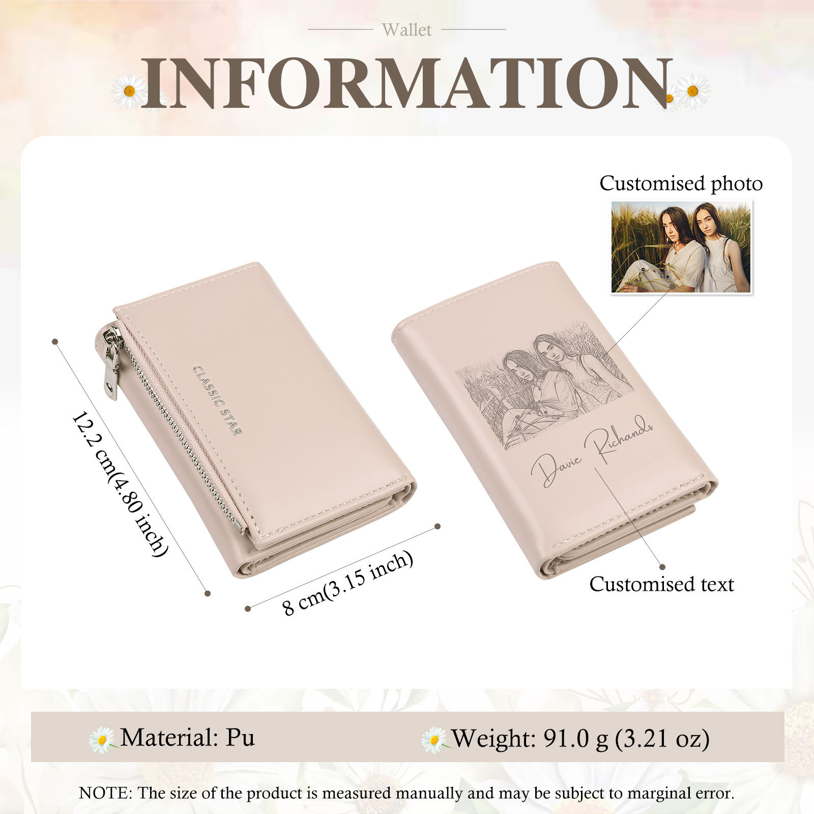 Custom Purse-Personalised Photo Quality Leather Folding Zip Wallet Custom Text Wallet Gift for Her