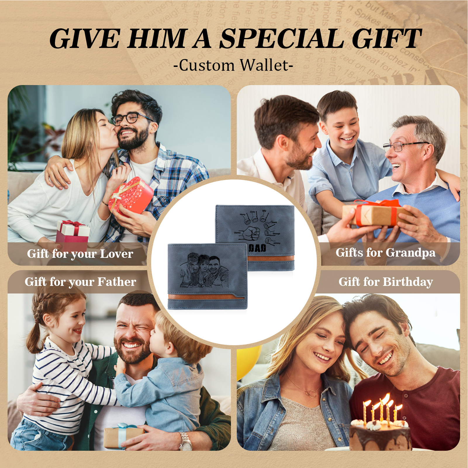 7 Names - Personalised Photo Custom Leather Men's Folding Wallet as a Father's Day Gift for Dad