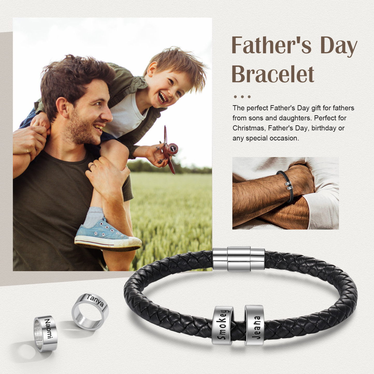 Men Leather Braided Rope Bracelet with 2 Custom Beads Sterling Silver Engravable Black Bracelet for Men