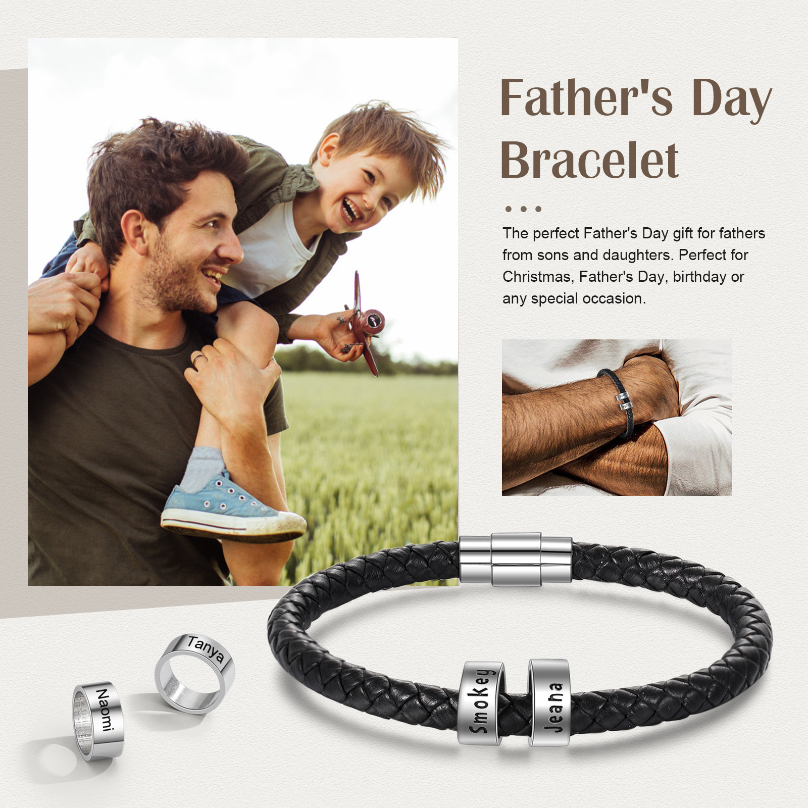 Men Leather Braided Rope Bracelet with 2 Custom Beads Sterling Silver Engravable Black Bracelet for Men