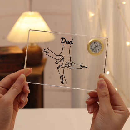 4 Names - Personalised Holding Hands Pattern Custom Name Acrylic Rectangular Clock Ornament Father's Day Gift