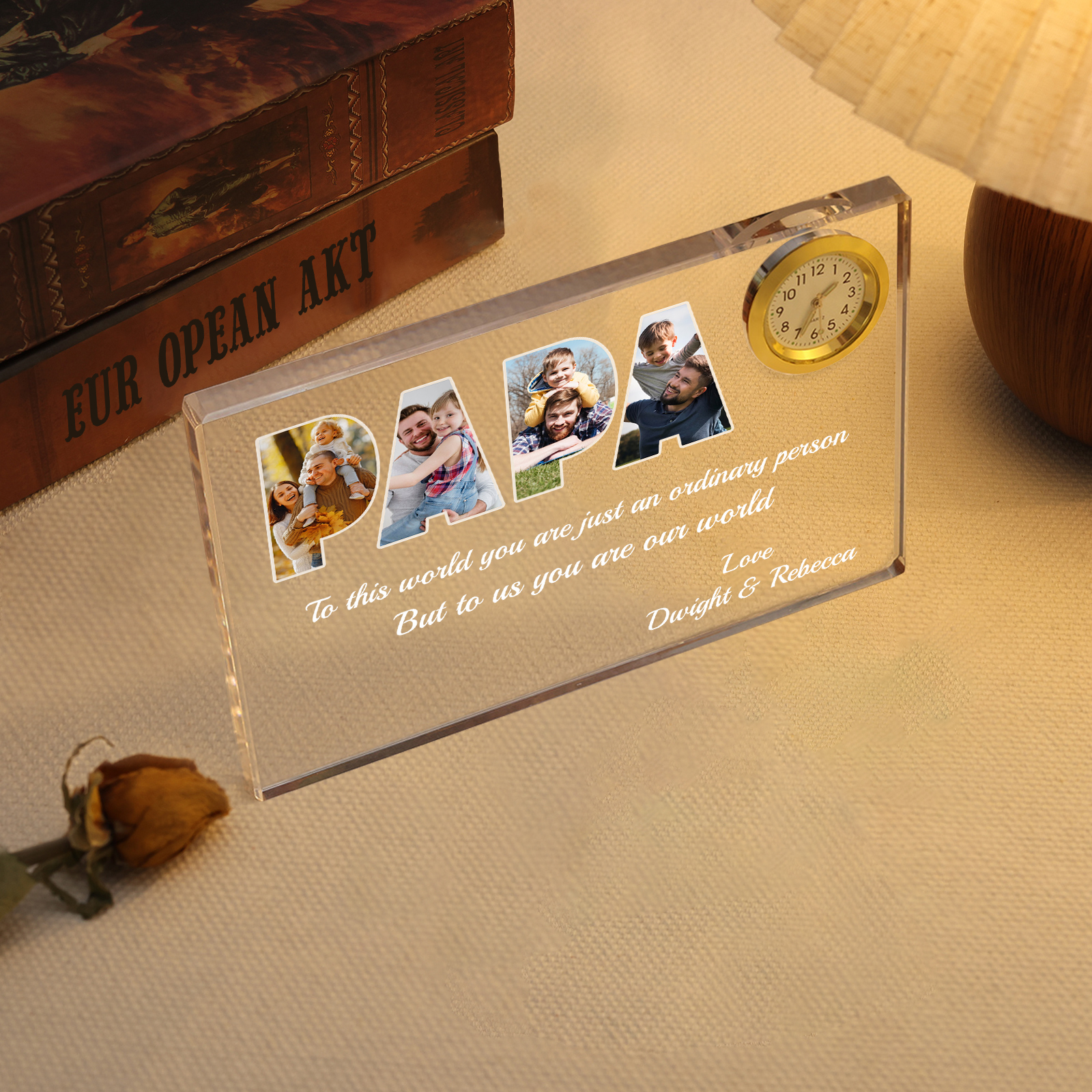 4 Photos - Personalised Custom Photo and Name Rectangular Clock Acrylic Keepsake Father's Day Gift for Dad