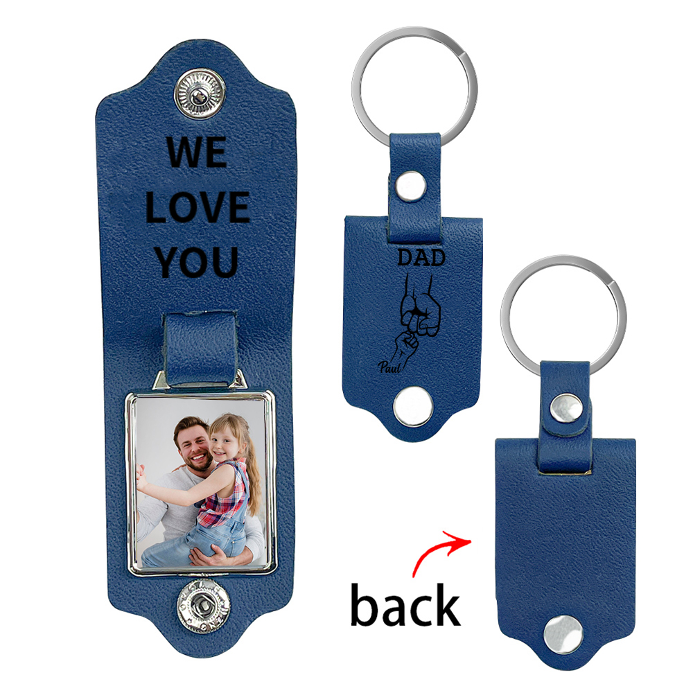 2 Names - Personalised Fist Bump Custom Text, Name and Photo Leather Mens Keyring for Dad