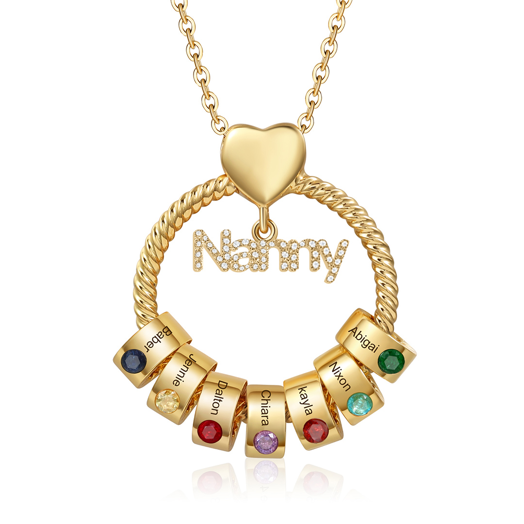 7 Names-Personalised Nanny Circle Necklace With 7 Birthstones Pendant Engraved Names Gift For Nanny