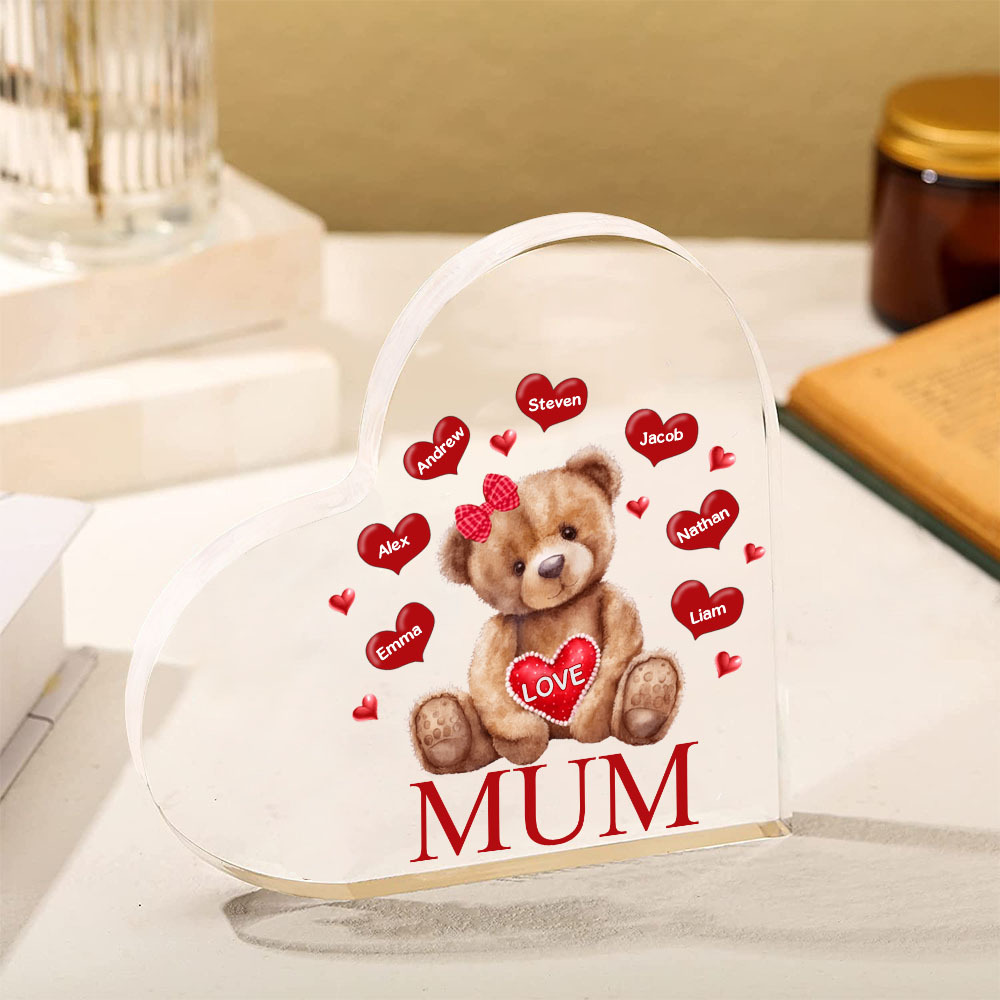 7 Names-Personalised Mum Acrylic Heart Keepsake Custom Text Love Teddy Bear Ornaments Gifts Set With Gift Box for Grandma/Mother