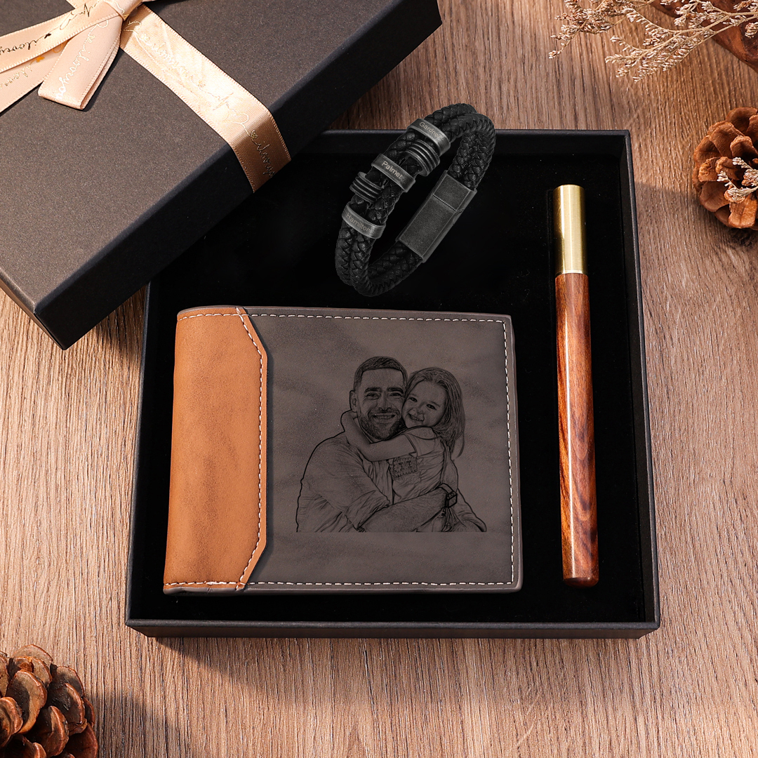 Personalised Photo & 3 Names Gift Set Custom Wallet & Bracelet Gift Box Set Father’s Day Gifts