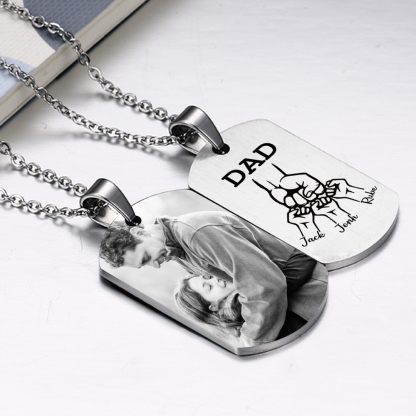 4 Names-Personalised Dad Photo Fist Stainless Steel Necklace-Custom Names and Photo Necklace for Father/Grandad