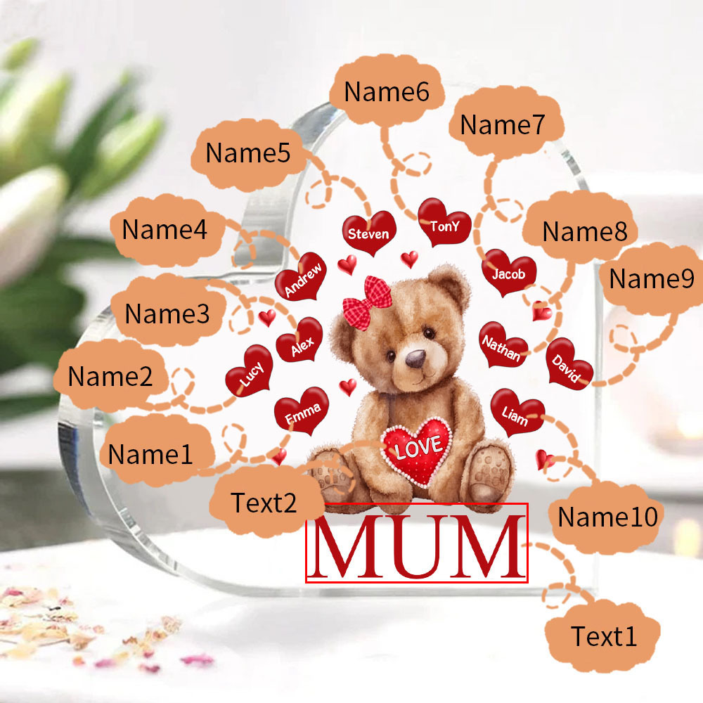 10 Names-Personalised Mum Acrylic Heart Keepsake Custom Text Love Teddy Bear Ornaments Gifts Set With Gift Box for Grandma/Mother