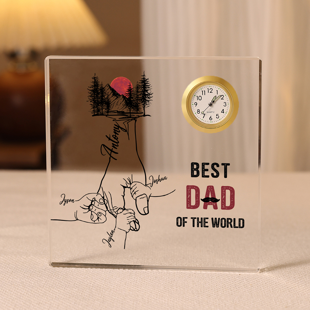 4 Names - Personalised Holding Hands Pattern Acrylic Rectangular Clock Ornament Father's Day Gift for Dad