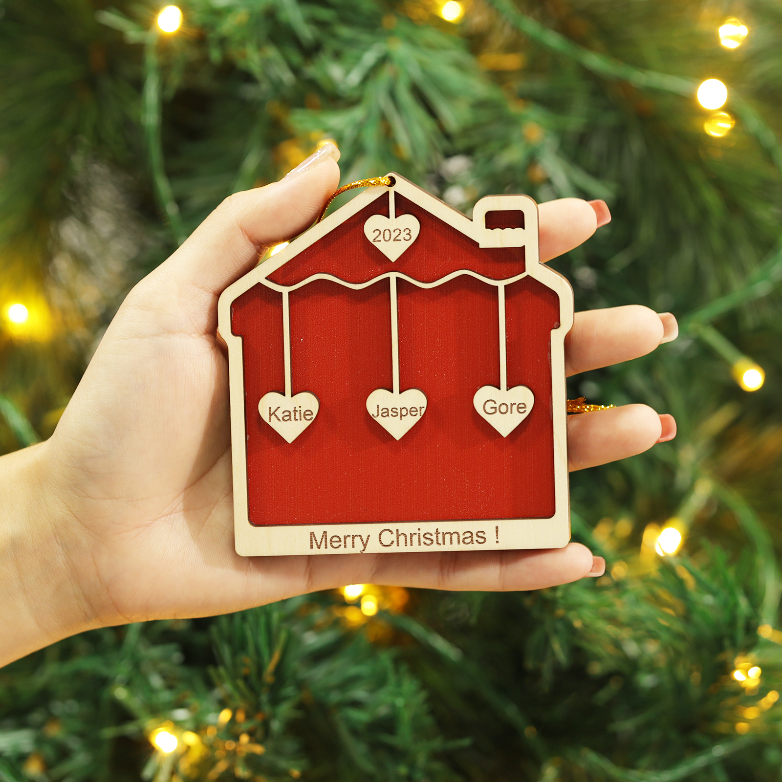3 Names-Personalised Family Wooden Christmas Xmas Tree Decoration Ornament-Custom 3 Names And Year Hanging Ornament Gifts For Family