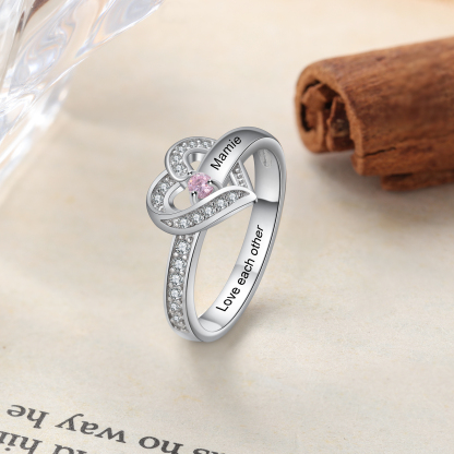 Personalised Heart Ring With 1 Ruby Stone Engraved Names Ring Gift For Women