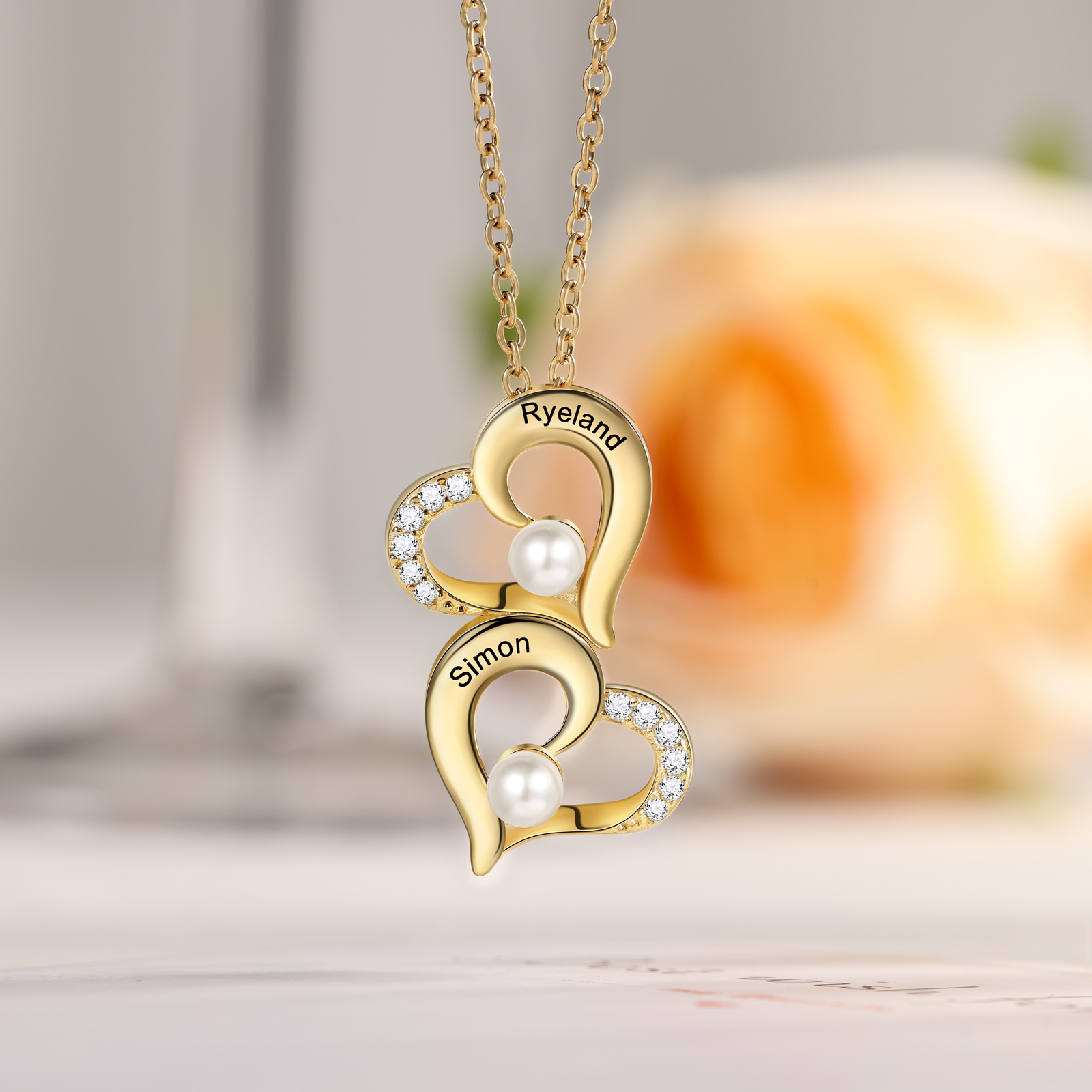 2 Names-Custom Women Pearl Heart Necklace, Personalised 1-6 Names Necklace for Her