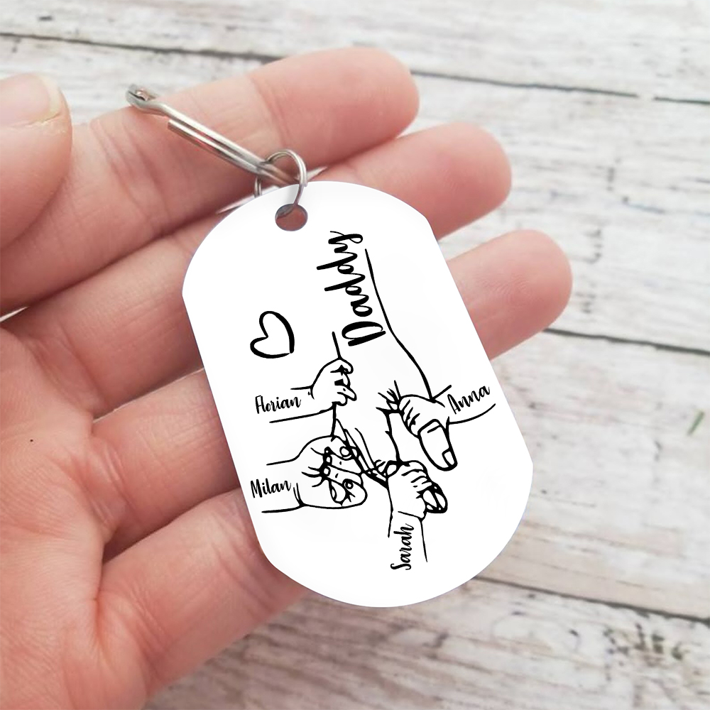4 Names - Personalised Holding Hands Keyring with name and text Gift for Dad