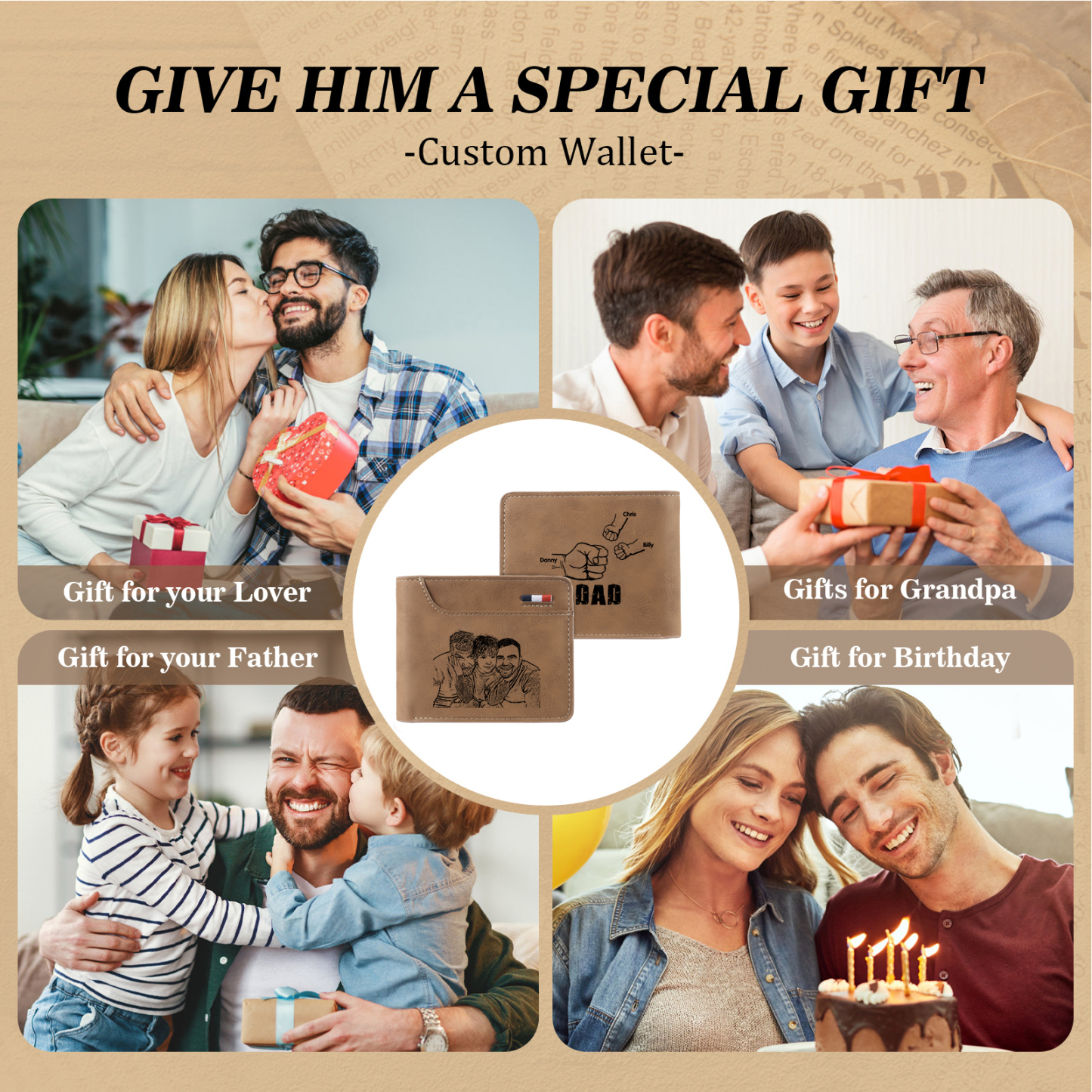 3 Names - Personalised Photo Custom Leather Men's Folding Wallet as a Father's Day Gift for Dad