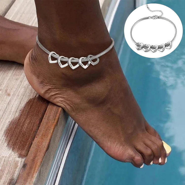 Personalized Love Anklet with 5 Heart Charms Engraved Name Anklet Gifts for Her
