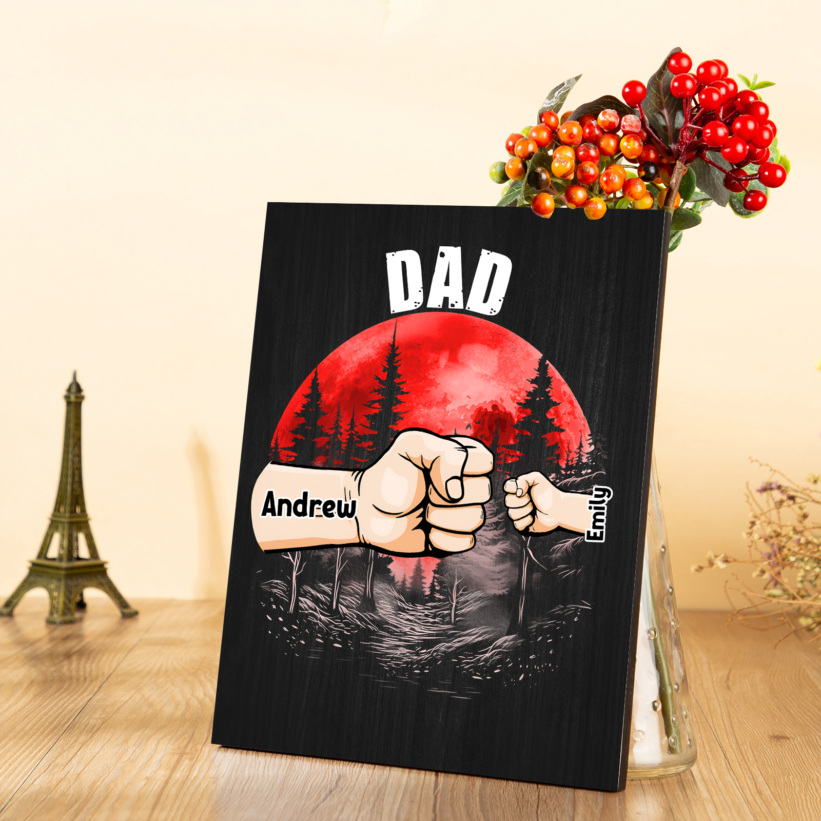 2 Names - Personalised Wooden Ornament Fist Bump Red Forest Style Engraved Name and Text Ornament for Dad