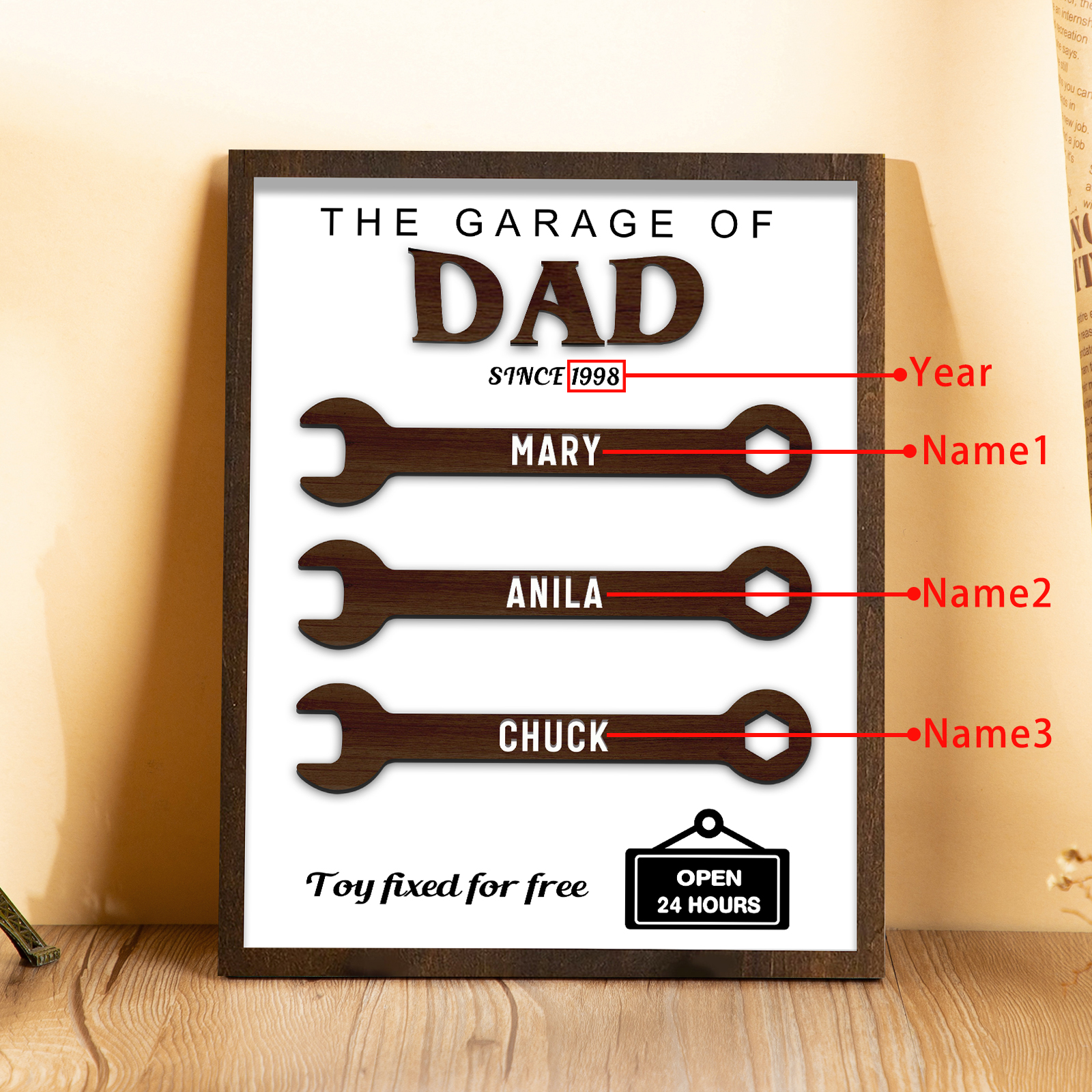 3 Names - Personalised Repair Tool Style Home Photo Frame Wooden Decor Father's Day Gift for Dad