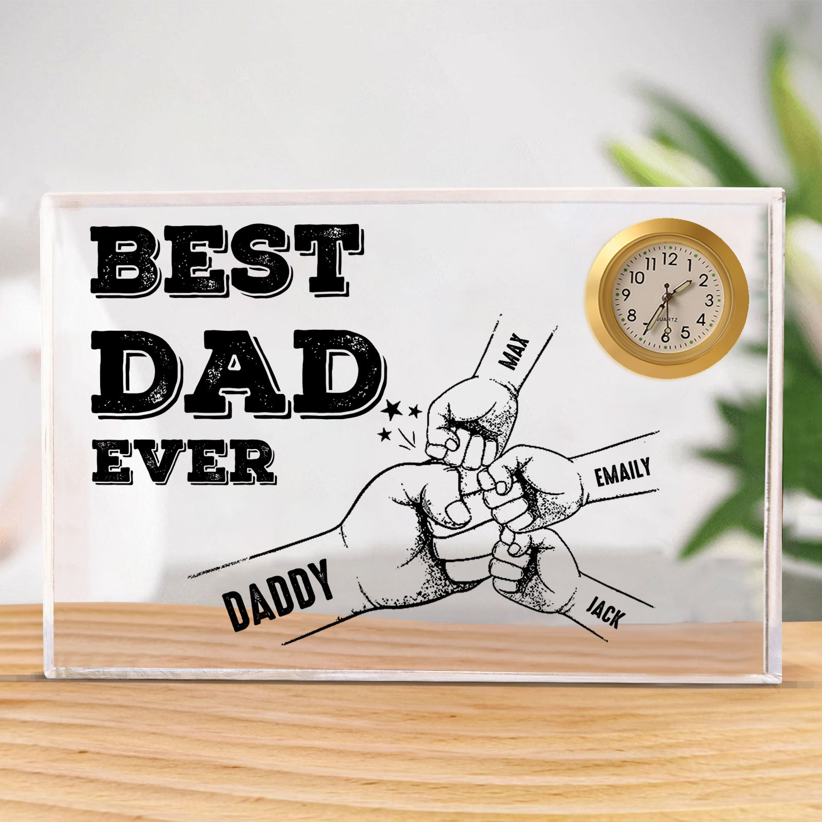4 Names - Personalised Fist Bump Pattern Custom Name Acrylic Rectangular Clock Ornament Father's Day Gift