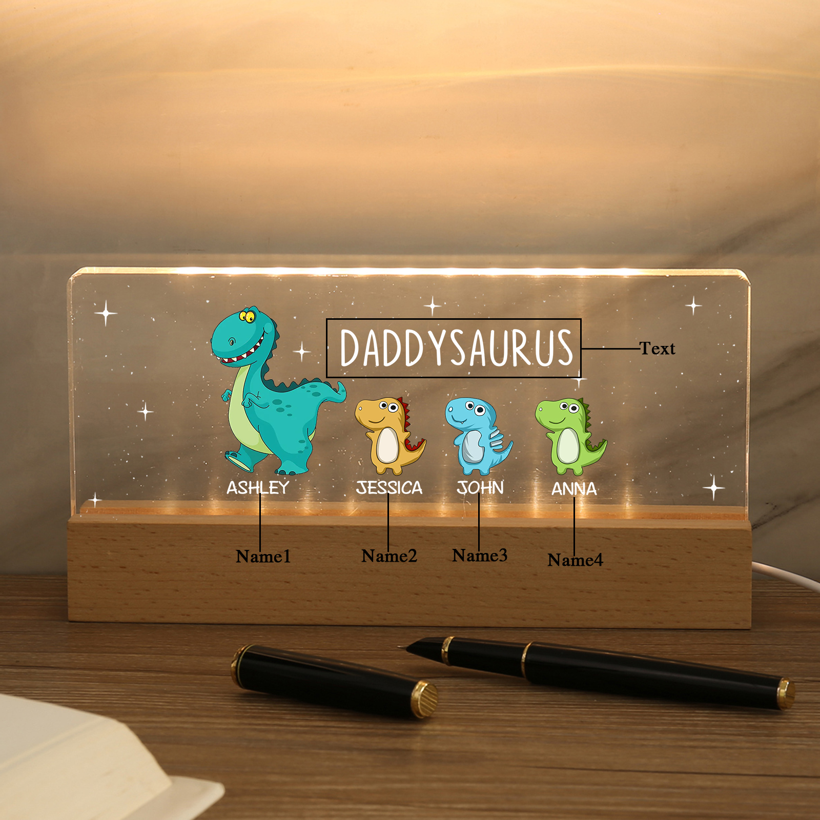 4 Names - Personalised Cute Dinosaur Pattern Beautiful Table Lamp Father's Day Gift for Dad