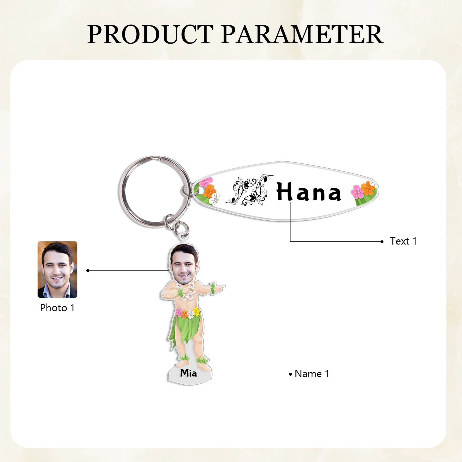 1 Name - Personalised Hawaiian Style Keyring With Photo, Name and Text, Gift For Family