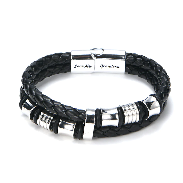 To My Grandson, Inspirational Leather Bracelet Bangle with Message Card Gifts For Him