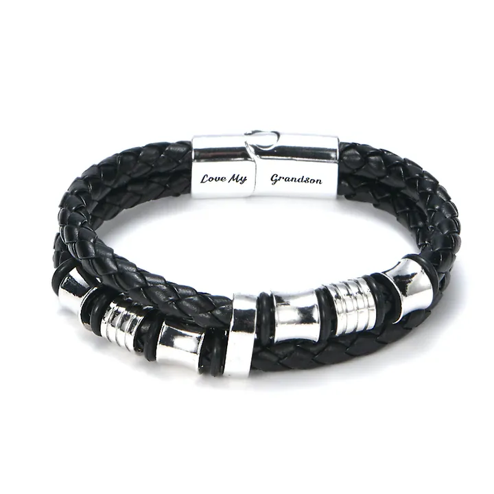 To My Grandson, Inspirational Leather Bracelet Bangle with Message Card Gifts For Him