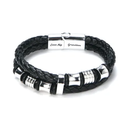 To My Grandson, Inspirational Leather Bracelet Bangle with Message Card Gifts For Him