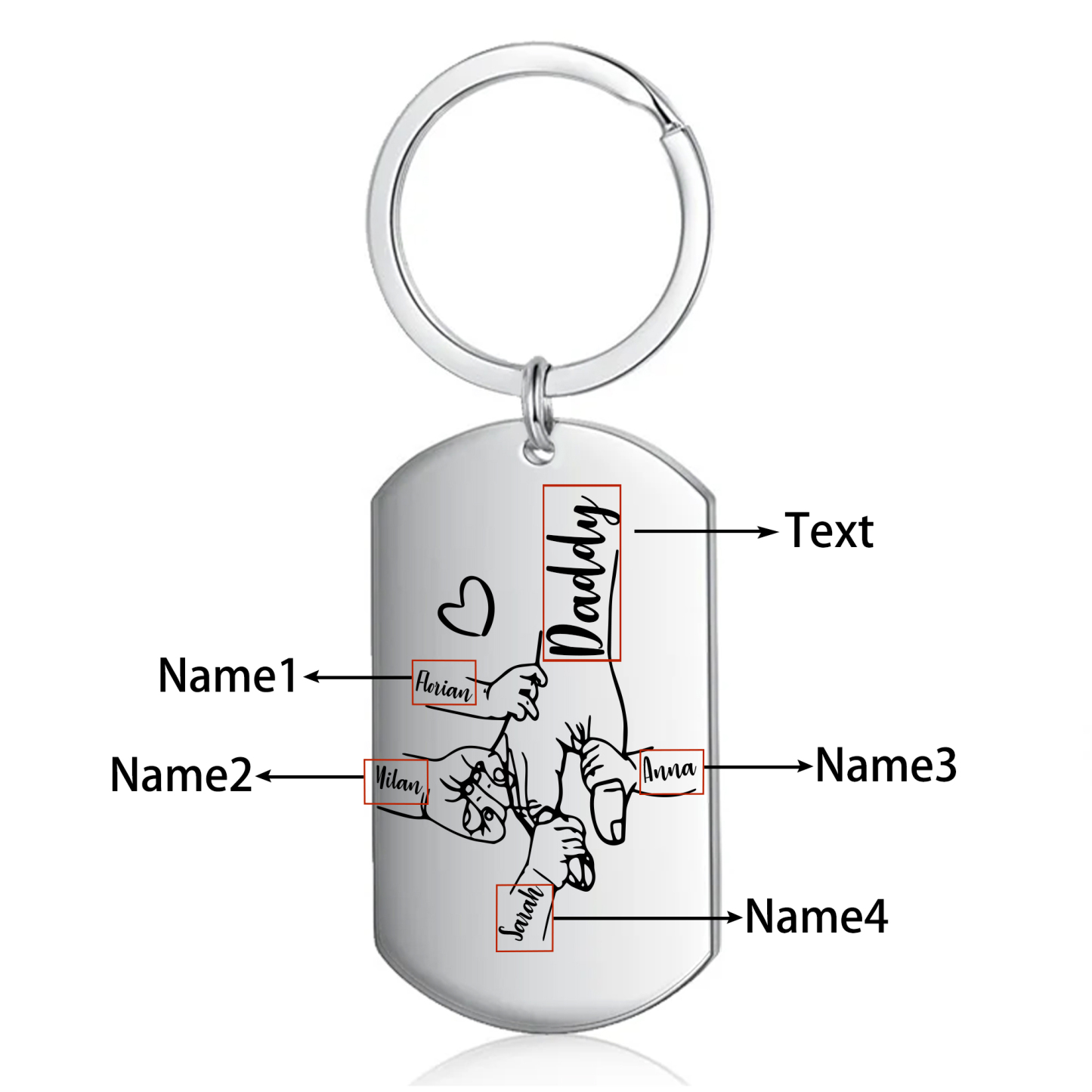 4 Names - Personalised Holding Hands Keyring with name and text Gift for Dad