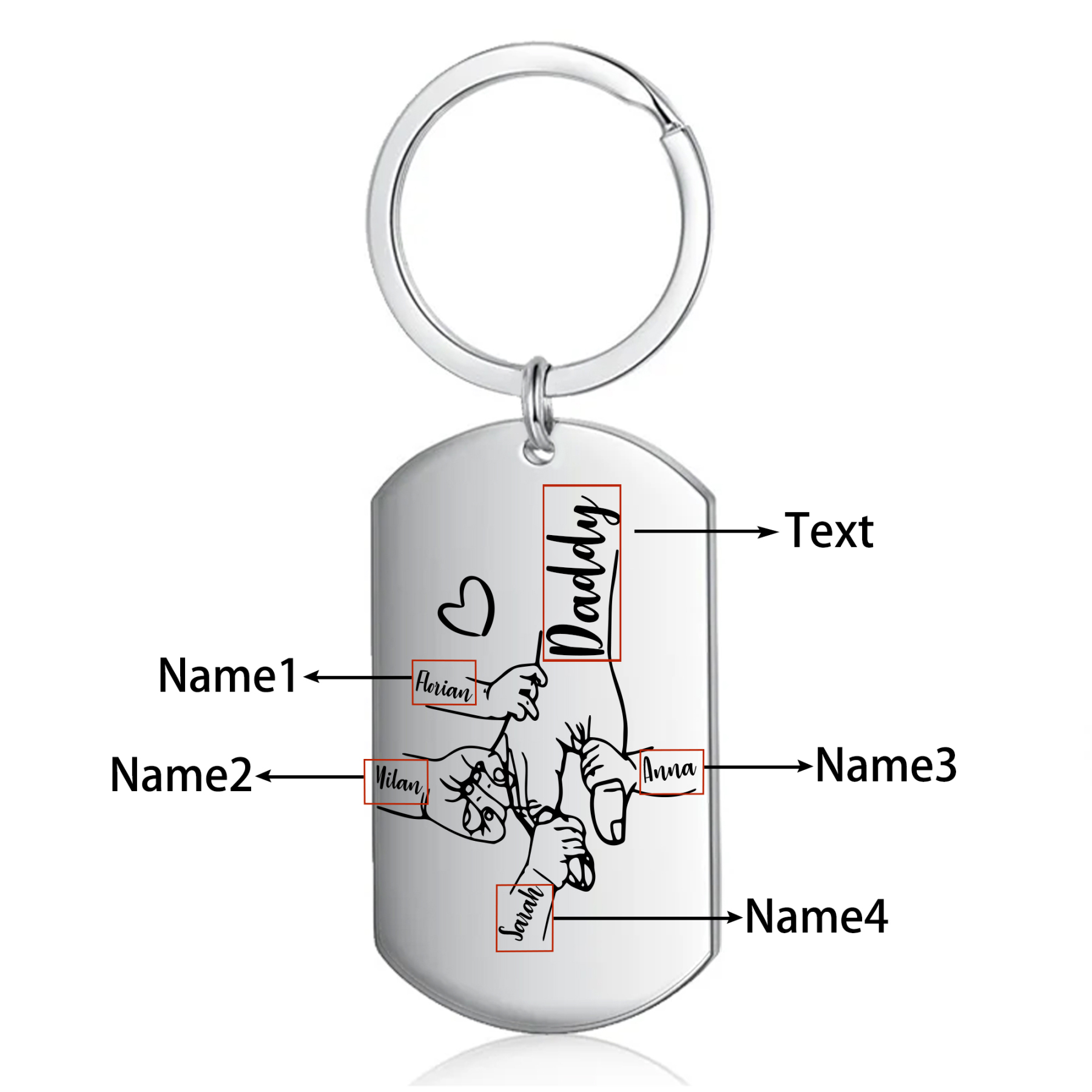 4 Names - Personalised Holding Hands Keyring with name and text Gift for Dad