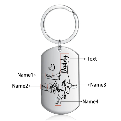 4 Names - Personalised Holding Hands Keyring with name and text Gift for Dad