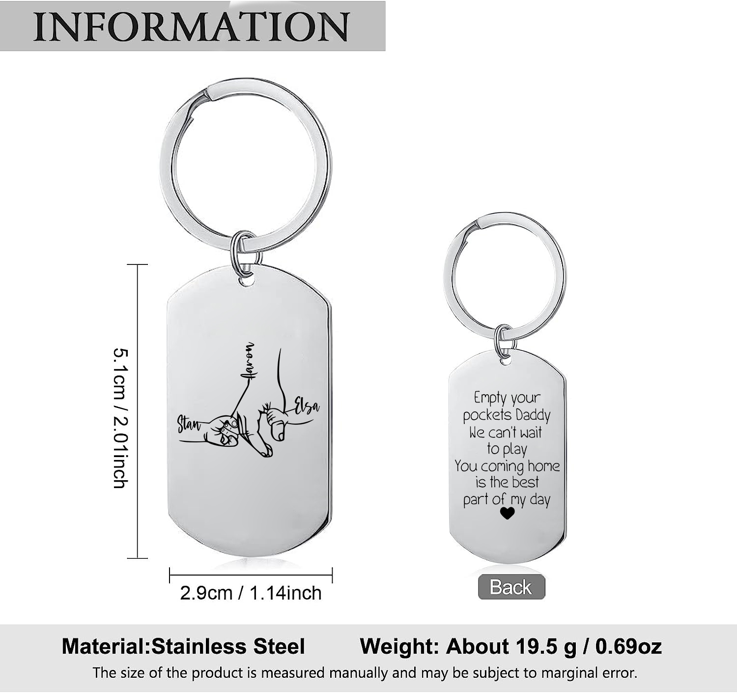 3 Names - Personalised Father Name Holding Keyring Customized Name Keyring Gift for Dad