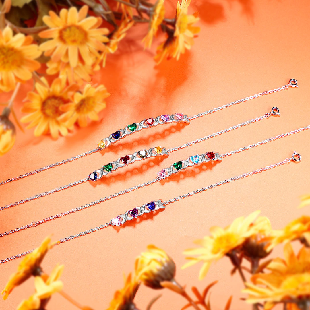 September Birthday Personalised Bracelet With 4 Heart Birthstones Engraved Names Bracelet Gift For Women