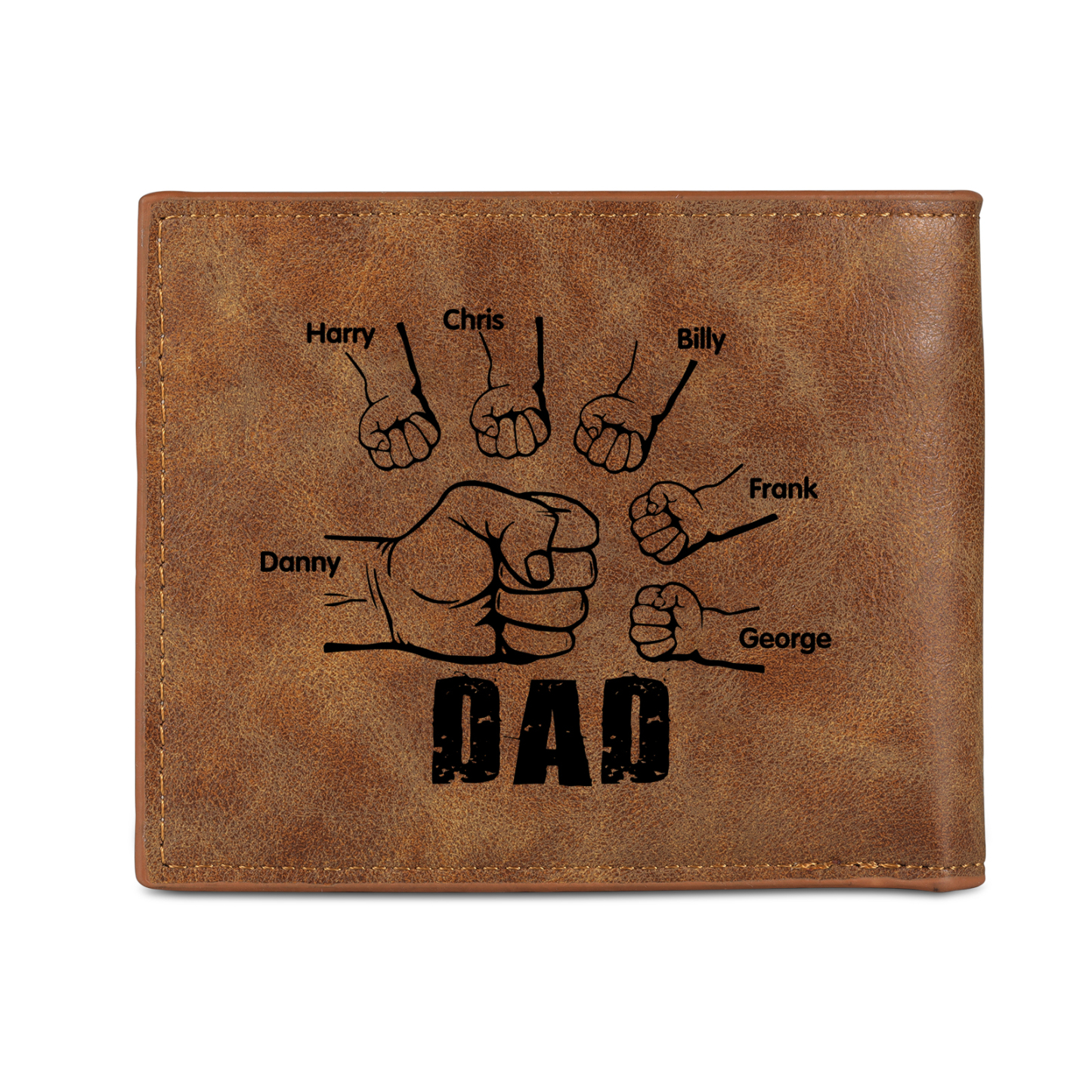 6 Names - Personalised Fist Bump Photo Custom Leather Men's Wallet as a Father's Day Gift for Dad