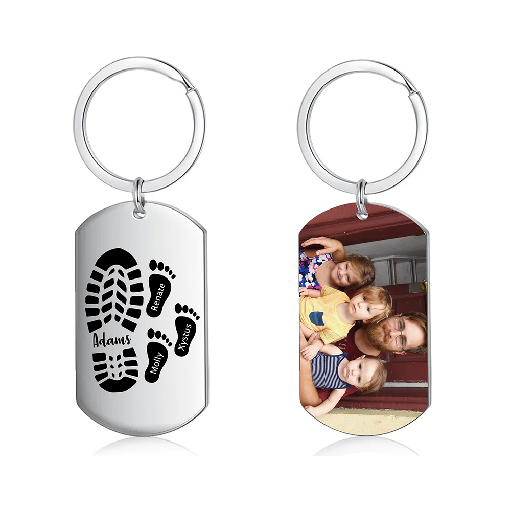 4 Names - Personalised Footprint Pattern Keyring Custom Named Father's Day Gift for Dad