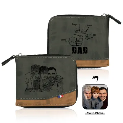 4 Names - Personalised Photo Custom Leather Men's Zipper Wallet as a Father's Day Gift for Dad