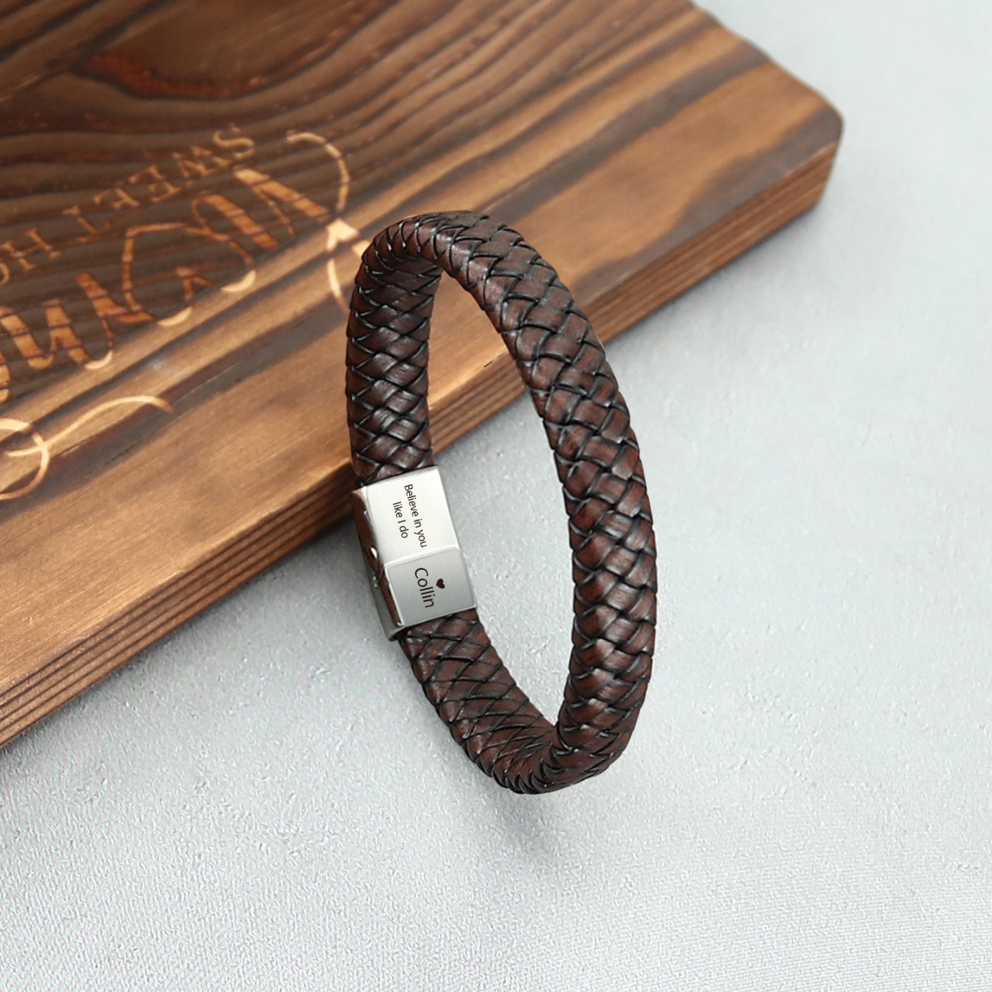 Personalised 2 Names and 2 Texts Leather Bracelet Men's Bracelet Father's Day Gift for Dad