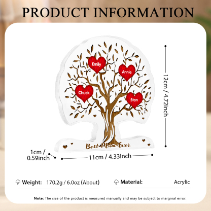 Personalised Heart Family Tree Ornament – Custom 4 Names & 1 Text – Unique Mother's Day Gift for Her | Jessemade