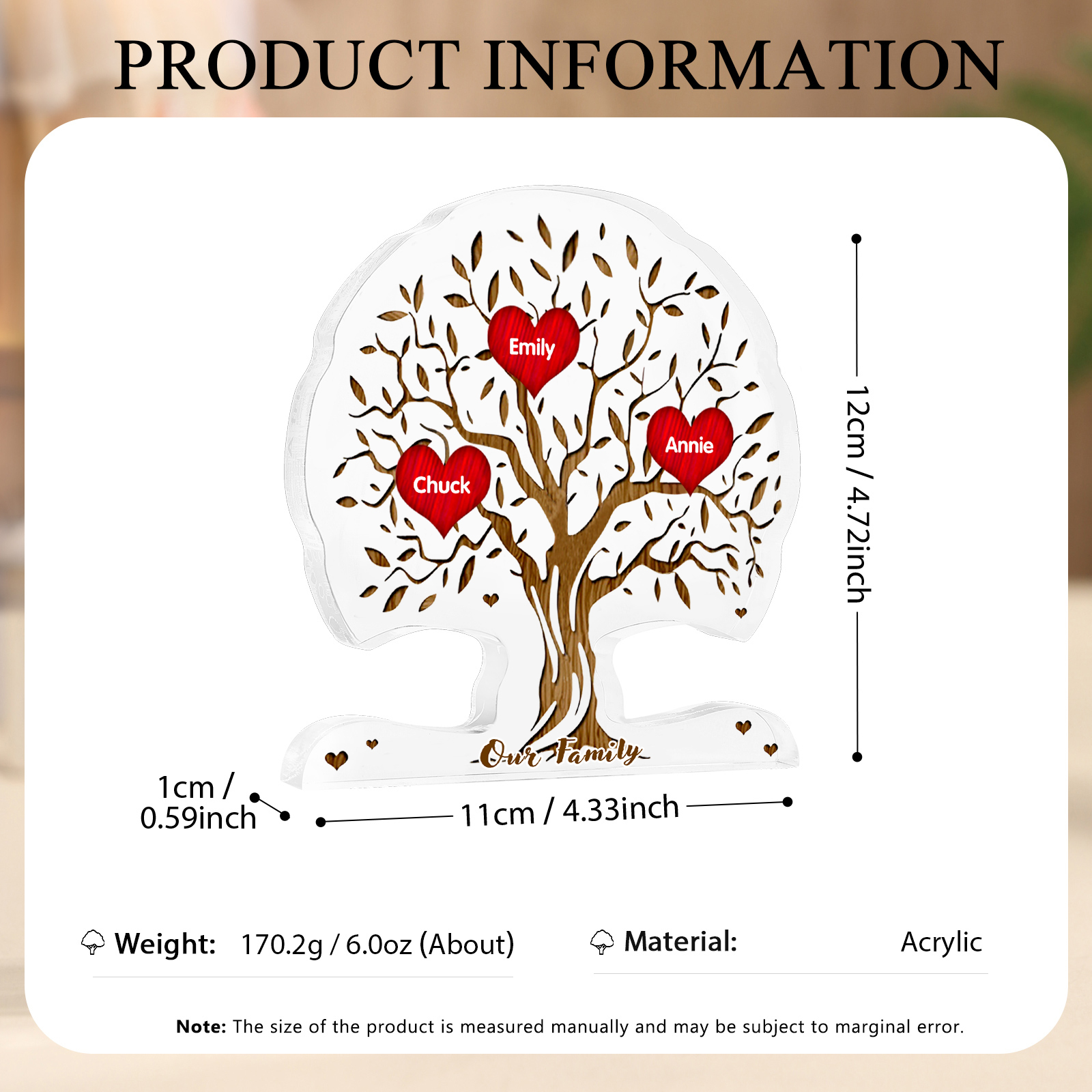 Personalised Heart Family Tree Ornament – Custom 3 Names & 1 Text – "Our Family" - Unique Mother's Day Gift for Her | Jessemade