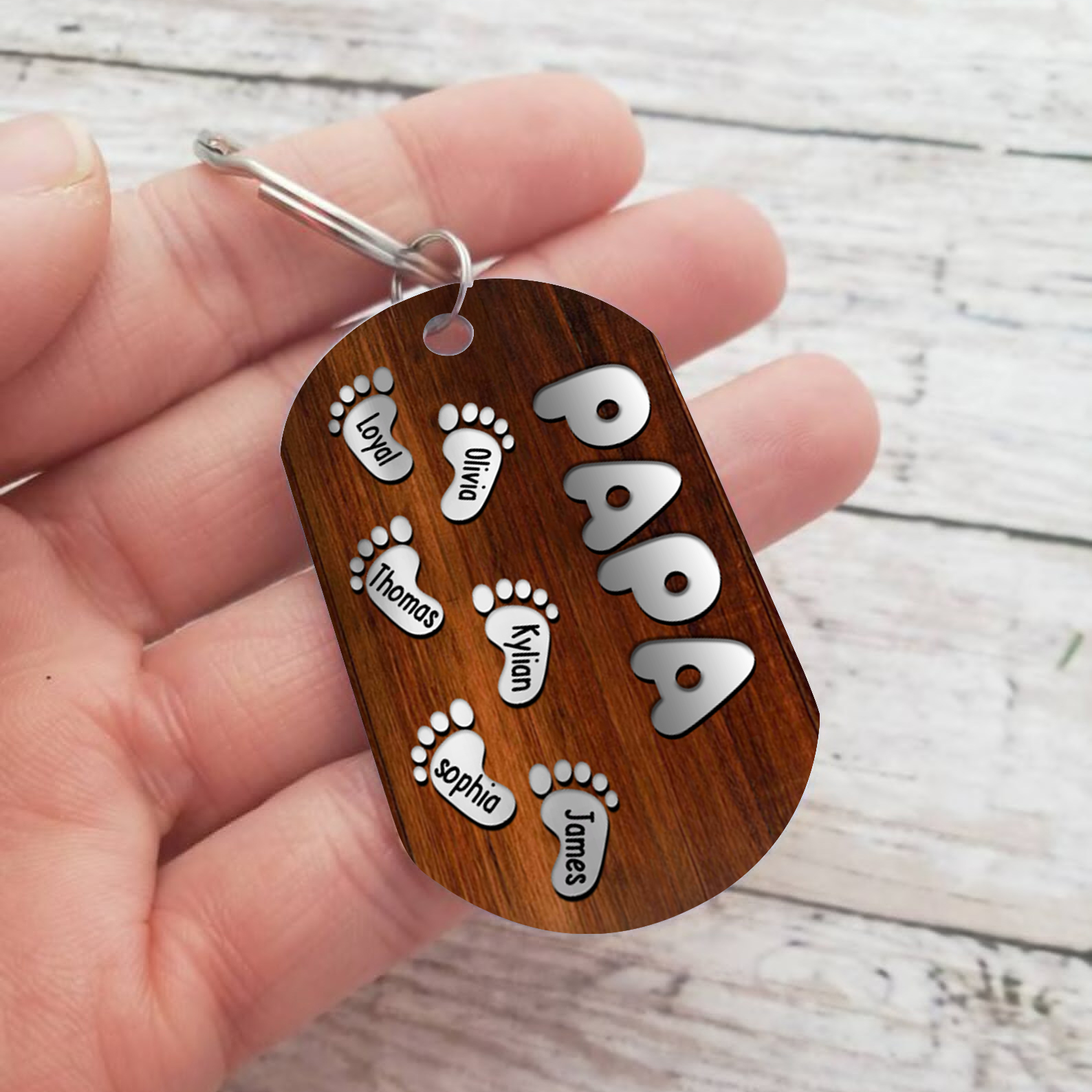 6 Names - Personalised Custom Footprint Pattern Keyring Custom Name and Text Gift for Dad