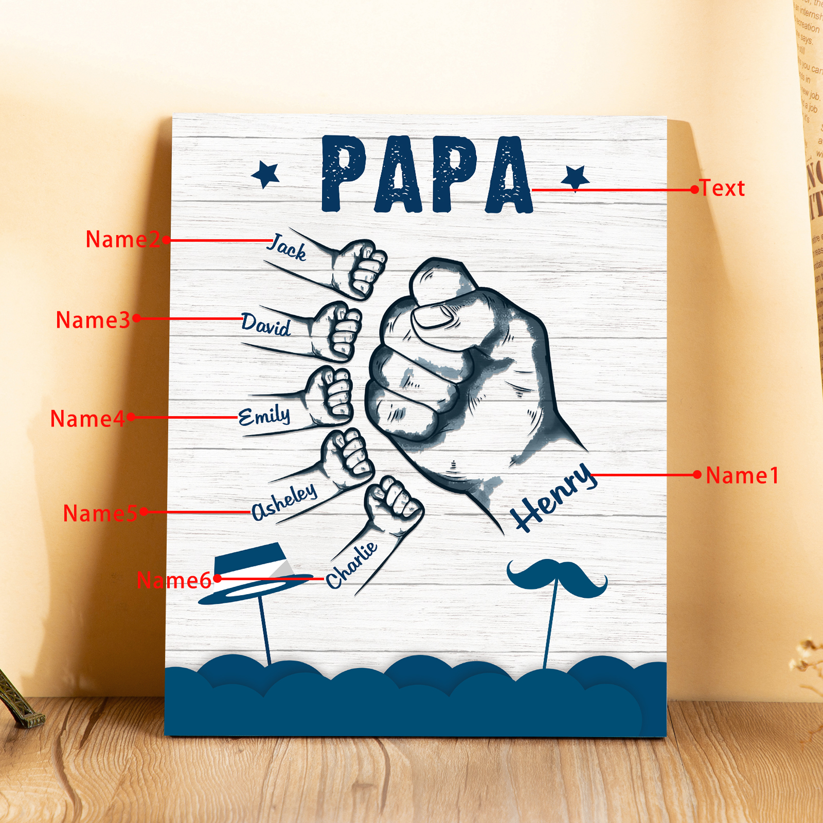 6 Names - Personalised Wooden Ornament Fist Bump Style Engraved Name and Text Ornament for Dad