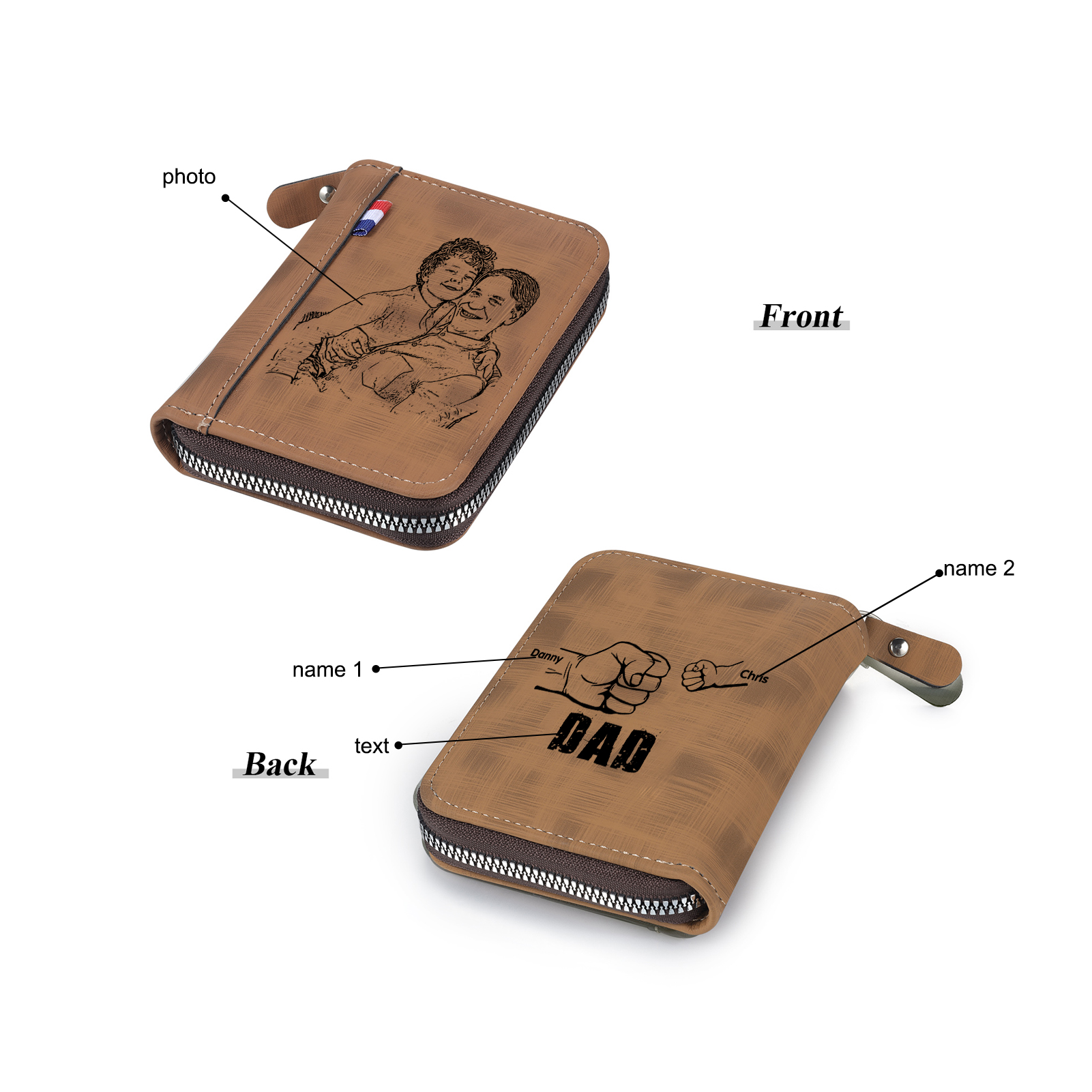 2 Names - Personalised Fist Bump Fist Bump Photo Custom Leather Men's Zipper Wallet as a Father's Day Gift for Dad