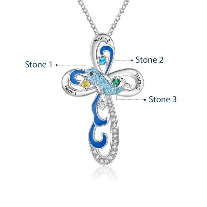 Personalized Dolphin Necklace With Names Custom 3 Birthstones Cross Necklace Gifts for Her