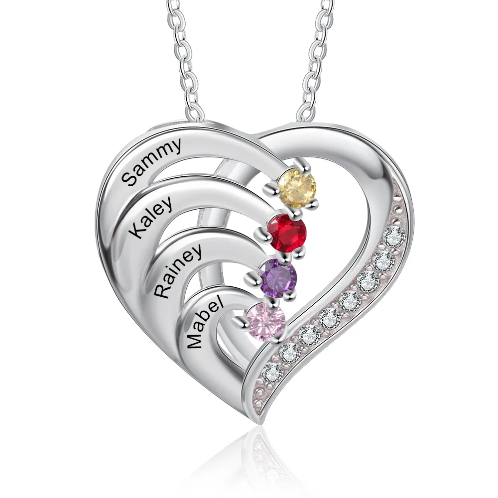 Personalised S925 Silver Mother Necklace 4 Stones Engraved 4 Names Birthstone Family Heart Pendant Christmas Gifts for Her