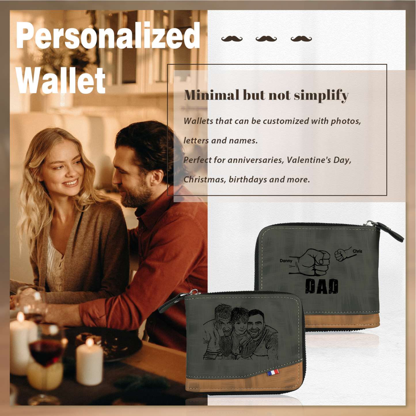 2 Names - Personalised Photo Custom Leather Men's Zipper Wallet as a Father's Day Gift for Dad